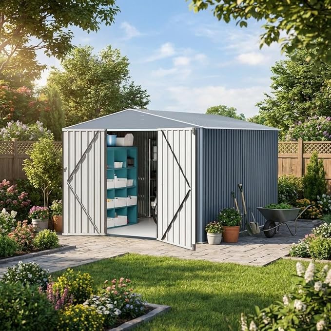 8x12 ft Metal Storage Shed, Outdoor Garden Tool Sheds with Sturdy Frame Structure, Large Metal Storage Shed with Lockable Door for Garden, Lawn, Backyard, Grey