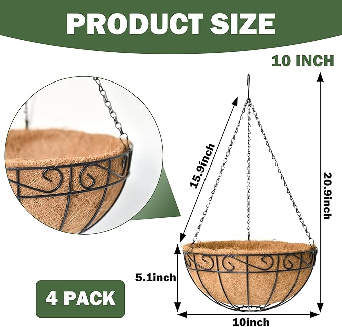 4 Pack 10 Inch Hanging Baskets for Plants Outdoor Metal Hanging Planter Basket with Coco Coir Liner Hanging Flower Baskets Hangings Flower Pots Holder for Garden, Patio(Flower)