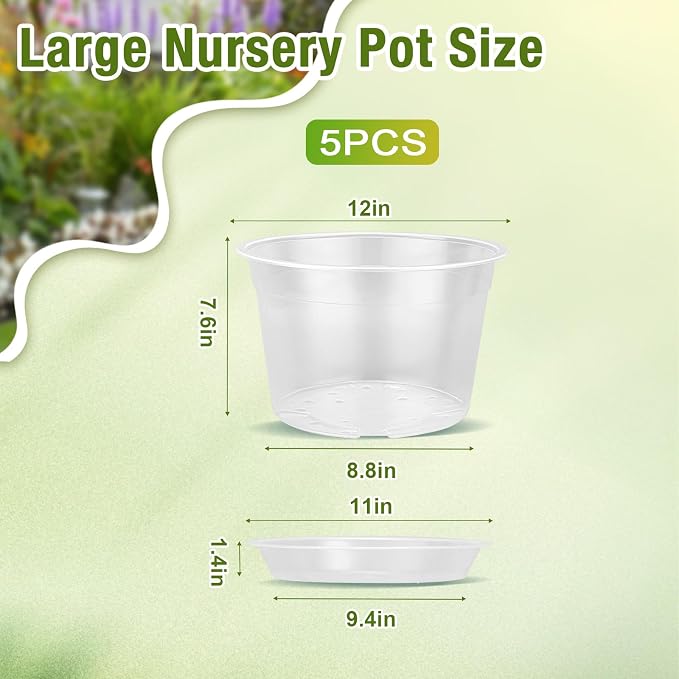 12 Inch Clear Nursery Pots with Drainage and Saucers, 5 Pack Large Clear Plastic Nursery Pots for Plants, Seedling Plant Pots for Repotting and Growing Plants, Flowers & Vegetables (12 inch)