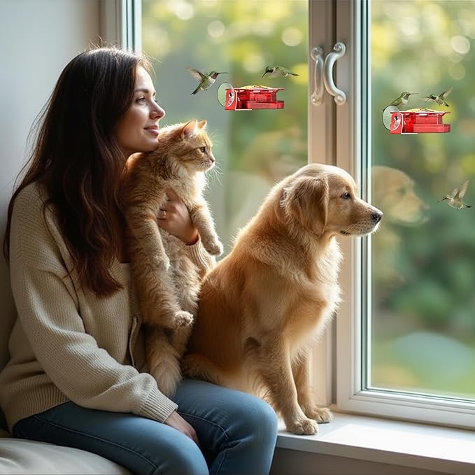 Birdream Window Hummingbird Feeder for Outdoors, 4.4OZ Hummingbird Feeder with Strong Suction Cups, Built-in Ant Moat & 3 Ports, Includes Metal Base and Brush, Easy to Clean & Refill— Red