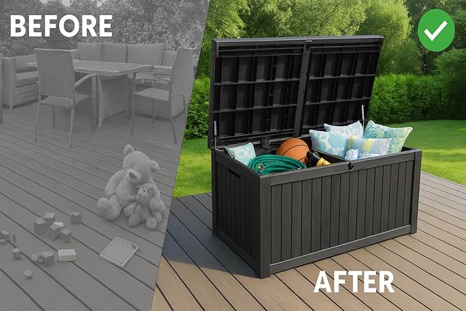 BTEXPERT 150 Gallon Outdoor Storage Container Deck Box with Metal Support Rods for Patio Furniture Garden Tools Cushions Waterproof Lockable UV Resistant Resin