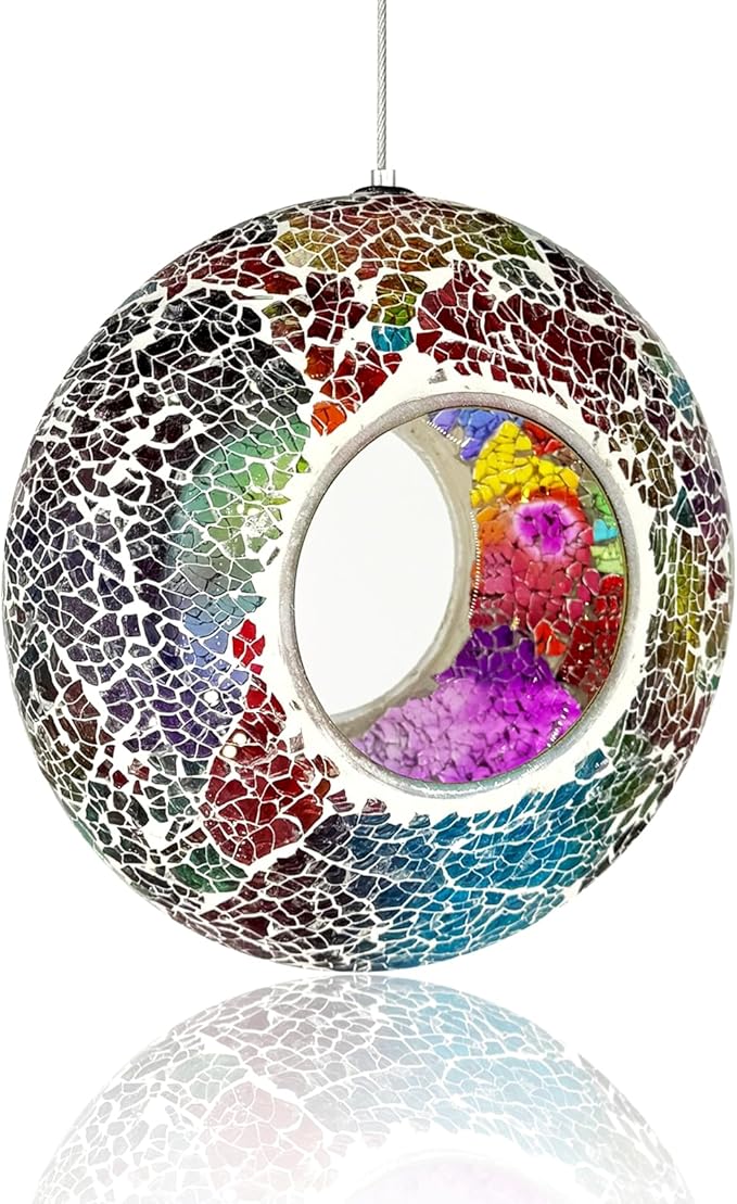Hanging Bird Feeders for Outdoor Glass Mosaic Fly Through Wild Bird Feeder Round Shape Birdfeeder for Outside Garden Yard Patio Decoration Multicolor