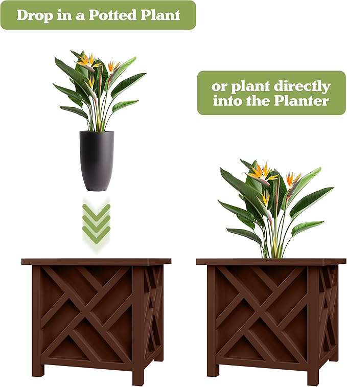 Lattice Design Planter Box - 15.5-Inch-Square Decorative Outdoor Flower or Plant Pot - Front Porch, Patio, and Garden Decor by Pure Garden (Brown)