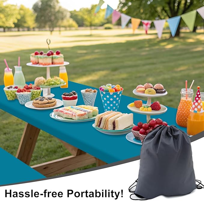 Smiry Picnic Table Cover with Bench Covers, Waterproof Elastic Fitted Polyester Tablecloths for 6 Ft Rectangle Tables, Washable Windproof Tablecloth for Camping, RV & Outdoor (Turquoise, 30x72 Inches)