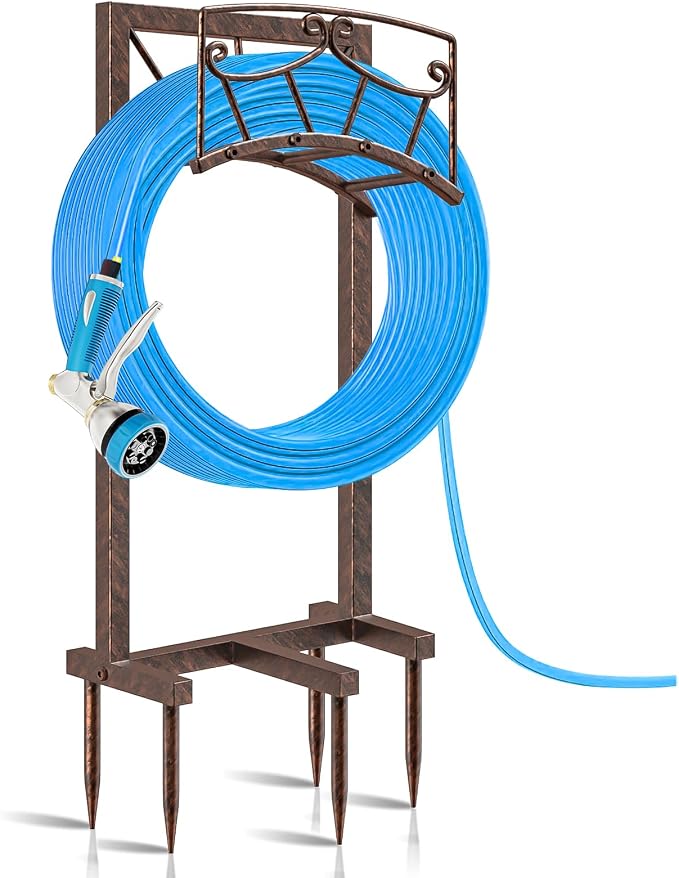 Garden Hose Holder, Heavy Duty Metal Water Hose Holders Hose Stand with 5 Spikes, Freestanding Hose Storage Rack Hose Hanger Holds 150ft Hose for Outside Yard Lawn Garden Decor