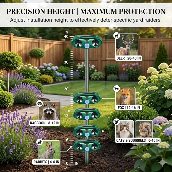 2Pack Ultrasonic Deer Repellent Devices Solar Animal Repellent Outdoor with Motion Sensor to Keep Cat Rabbit Raccoon Out of Yard Garden Squirrel Fortress Pro IP65 Waterproof Deer Deterrent for Plant