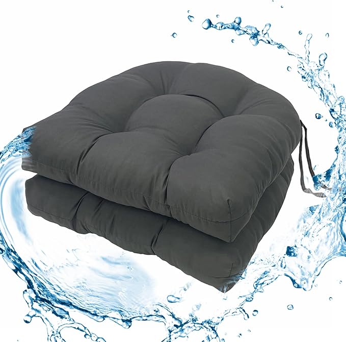 Outdoor Chair Cushions Set, 2 Pcs Seat Cushions with Ties Waterproof Chair Pads, Patio Wicker Tufted Cushions 19"x19"x3.9", Dark Grey