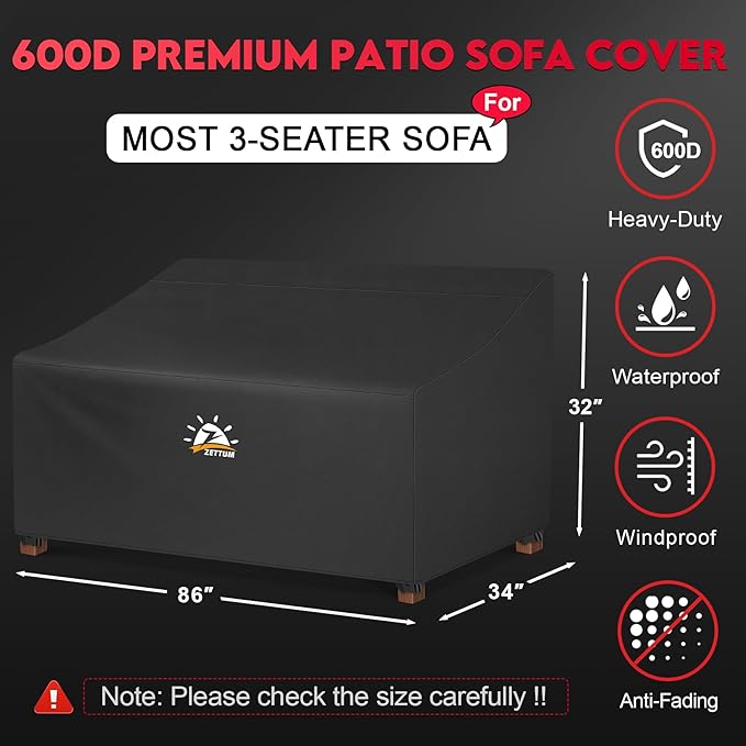 Zettum Patio Sofa Cover 86 Inch - 600D Outdoor Couch Cover Waterproof & Heavy Duty, Large 3-Seater Furniture Covers for Outside Sofa, Couch, Glider, Loveseat and Bench - 86 x 34 x 32 Inch