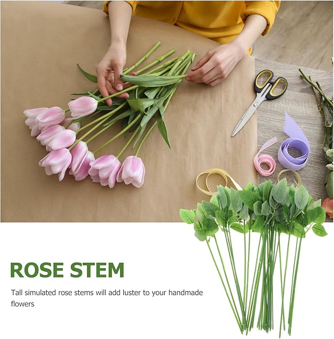 ULTNICE 60pcs Artificial Flower Stems with Leaves for Floral Arrangements, Wedding Bouquets, and DIY Crafts - Flexible Green Plastic Rose Stem