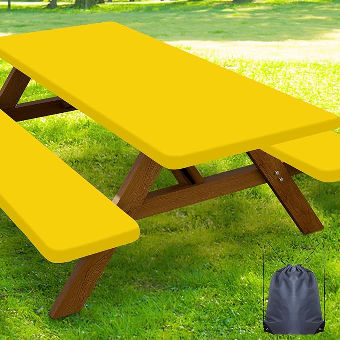 Smiry Picnic Table Cover with Bench Covers, Waterproof Elastic Fitted Polyester Tablecloths for 6 Ft Rectangle Tables, Washable Windproof Tablecloth for Camping, RV & Outdoor (Yellow, 30x72 Inches)