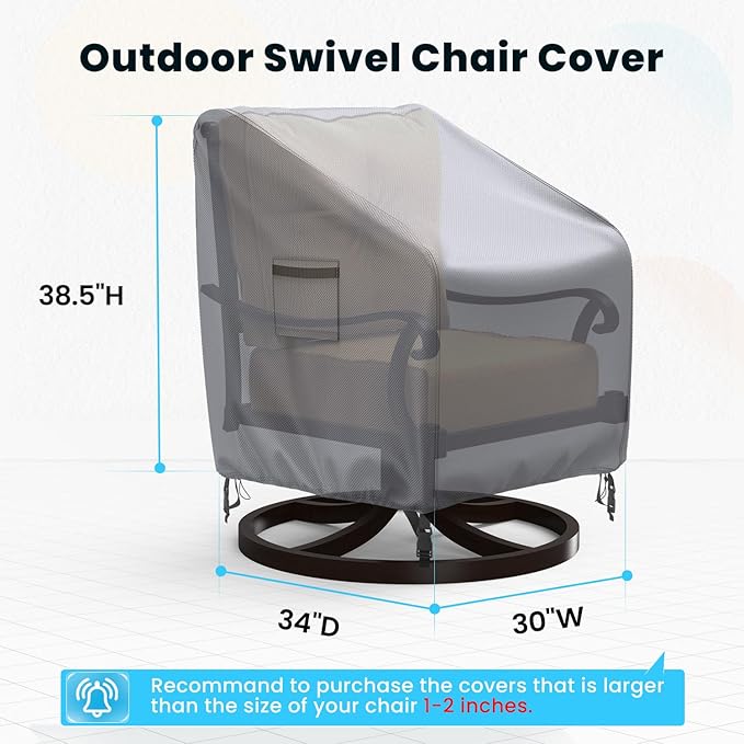 Swivel Patio Chair Covers, 2 Pack Waterproof Outdoor Rocking Chair Covers, Lawn Patio Furniture Covers, Heavy Duty Lounge Chair Cover, 30" W×34" D×38.5" H, Grey