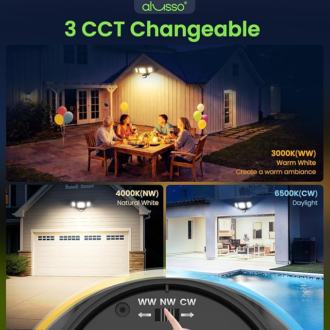 ALUSSO Motion Sensor Outdoor Lights Hardwired(Not Solar),Flood Lights Outdoor 120V, Dusk to Dawn/Auto/On Time, 3CCT 3000K/4000K/6500K Security Light,ETL,3 Modes Classic Black 40W 4500LM