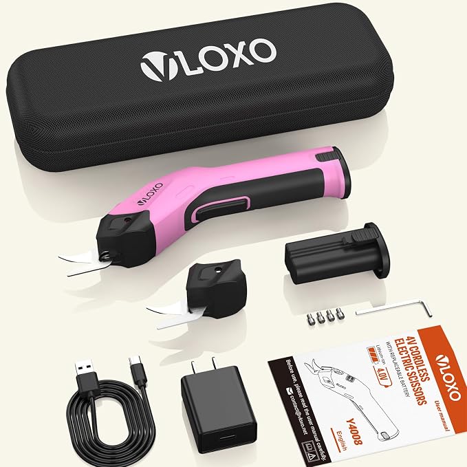 VLOXO Cordless Electric Scissors, 4V Rechargeable Power Scissors Cardboard Cutter with Replacement Blade/Battery Powerful Fabric Cutter for Carpet Plastic Leather(pink) Y4008