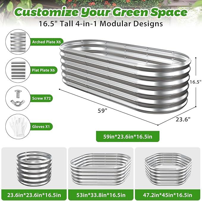 YSEJOMP 17" Tall Outdoor Garden Raised Garden Bed Kits, 5ft X 2ft Oval,0.8MM Thick Metal Raised Planter Bed/Ground Planter Box for Variety of Flowers,Herbs,Vegetables (Silver, 60X24X16.5 Inches)