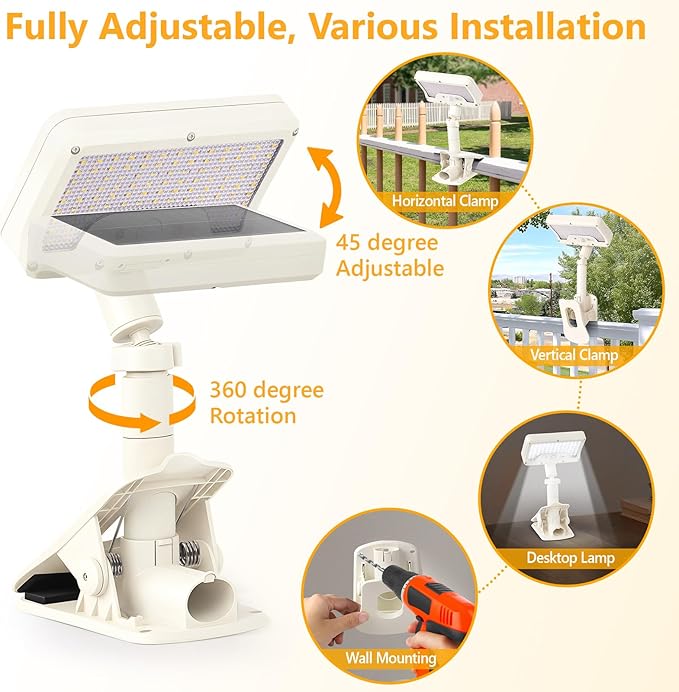 Clip On Solar Lights Outdoor with Motion Sensor, 360°Rotatable & Vertically Adjustable Solar Fence Lights with 92 LEDs (600 LM, 6000 K),IP65 Waterproof Security Light for Deck, Gutter（White, 2 Pack）