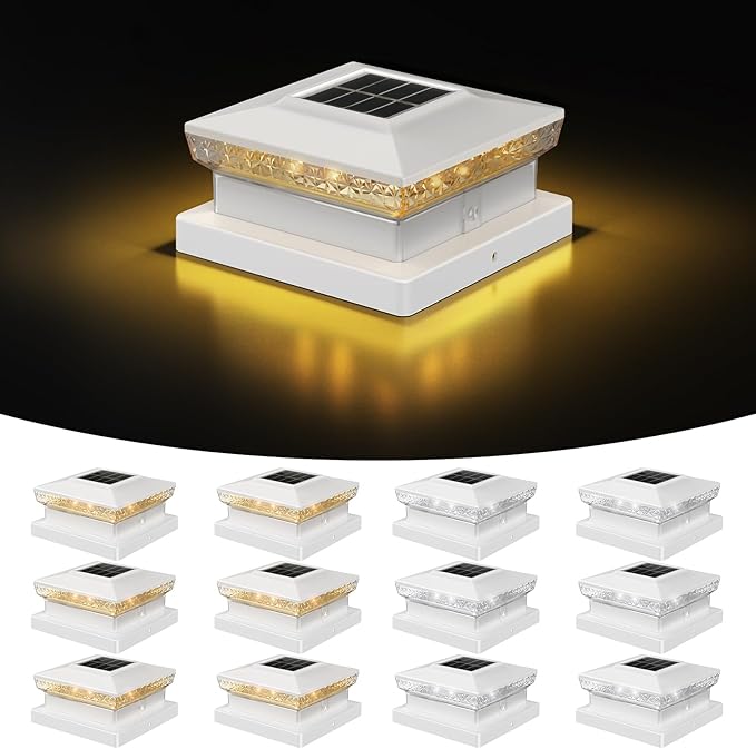 Solar Post Cap Light 4x4/5x5 – 12 Pack, Dual Color, 800mAh, 12H Runtime, Auto Dusk-to-Dawn On/Off, White