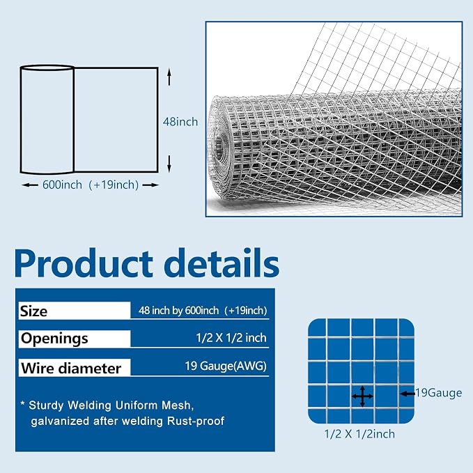 Gardeal 19 Gauge 1/2 Inch Hardware Cloth - Double Hot-Dipped Galvanized After Welding Steel Mesh - Duty Rust Proof Fencing for Gardens, Poultry Animal Netting Cage Screen (48inx1200in)