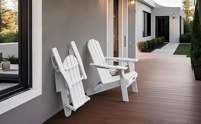 Folding Adirondack Chair, Wooden Textured Plastic Adirondack Chairs with 2 Cup Holder, Weather Resistant HDPE Fire Pit Chair, Outdoor Patio Chairs for Garden, Backyard, Lawn, Deck, 380LBS, White