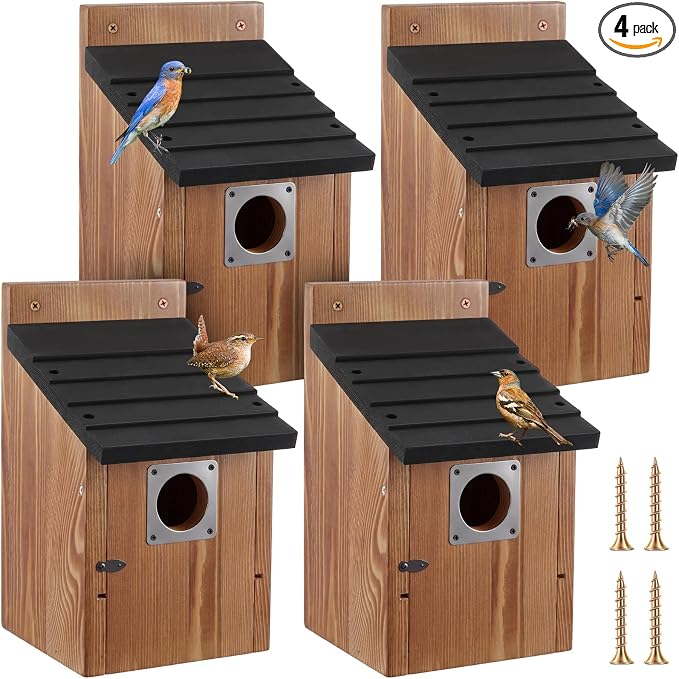 Dreyoo 4 Pack Bluebird Houses for Outside with Metal Predator Guard, 1-1/2" Entrance Hole Wooden Blue Bird Houses for Outdoors, Bluebird Nesting Box(Black Roof, Burnt Wood Body)