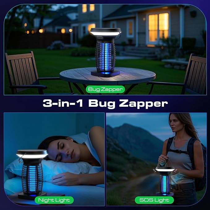 OnBeam Solar Bug Zapper Outdoor, Mosquito Zapper Outdoor Waterproof Electric Rechargeable Fly Zapper with Solar Panel, 4200V Fly Trap Indoor for Home Backyard, Patio, Garden, Camping