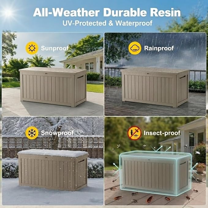 200 Gallon Outdoor Storage Box Resin Deck Box All Weather Waterproof Large Lockable Storage Container Deck Box for Patio Furniture, Garden Tools, Lockable, Gray