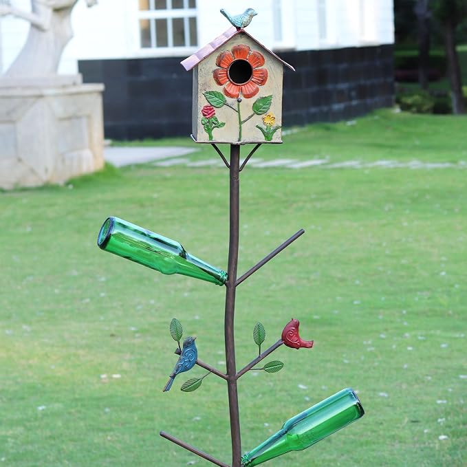 58" H Multifunctional Metal Bird House Glass Bottle Tree Stake for Outdoor Colorful Garden Decorative Bottle Holder & Outdoor
