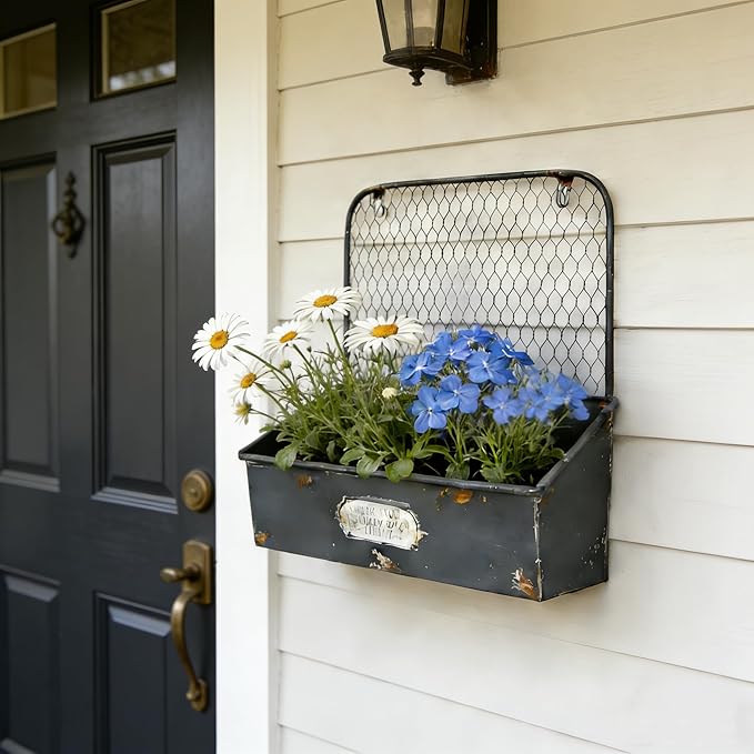 Vintage Blue Metal Hanging Flower Pot, Rustic Wall Planter with 3 Compartments, Farmhouse Plants Holder for Succulents Tubs, Garden Railing Fence Patio Yard Outdoor Decor