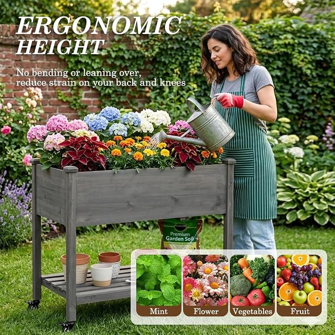 Raised Garden Bed with Lockable Wheels, 40x24x32 inch Elevated Wood Planter with Storage Shelf Protective Liner for Vegetable Flower Herb Outdoor Balcony Patio Backyard, Grey
