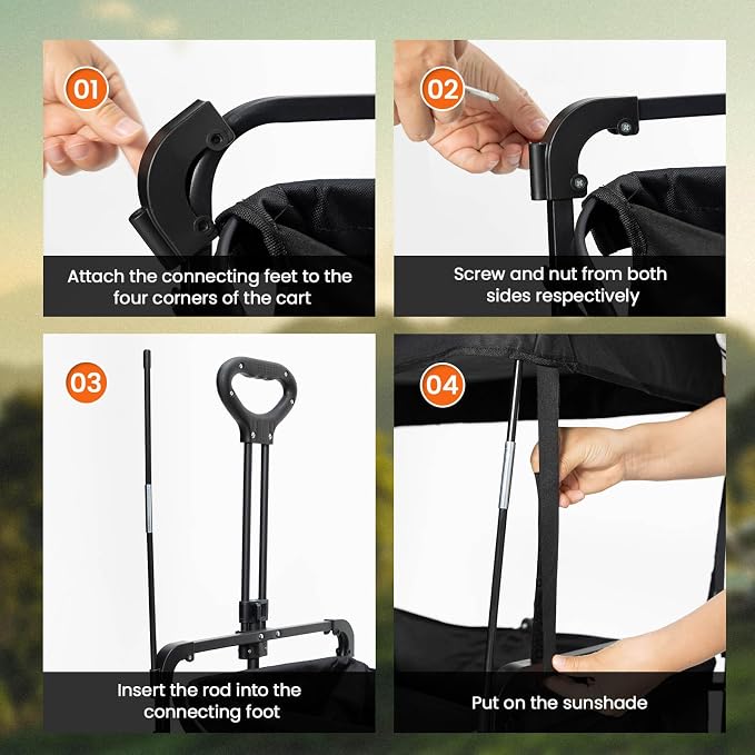 Removable Wagon Canopy Attachment with Rods – Foldable Sun Shade Cover for Collapsible Beach Utility Push Pull Cart, Outdoor Picnic Trolley (Black)