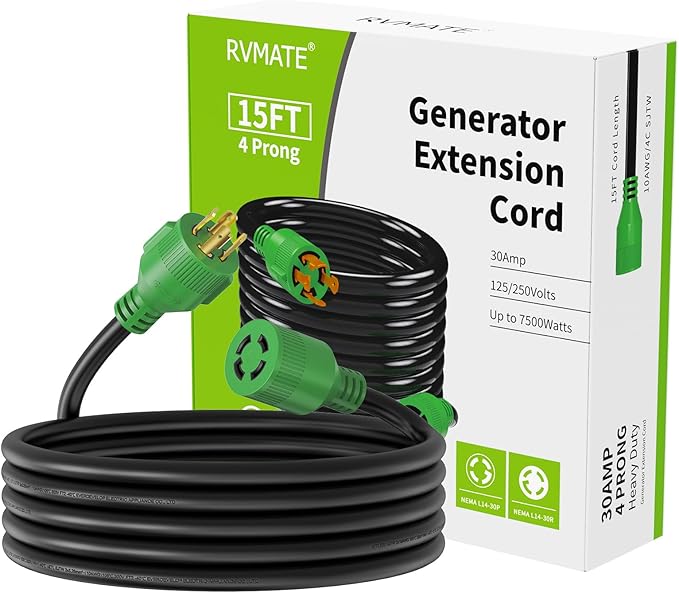 RVMATE 4 Prong 30 Amp 15 Feet Generator Extension Cord, NEMA L14-30P/L14-30R, 125/250V Up to 7500W 10 Gauge SJTW Generator Cord, ETL Listed