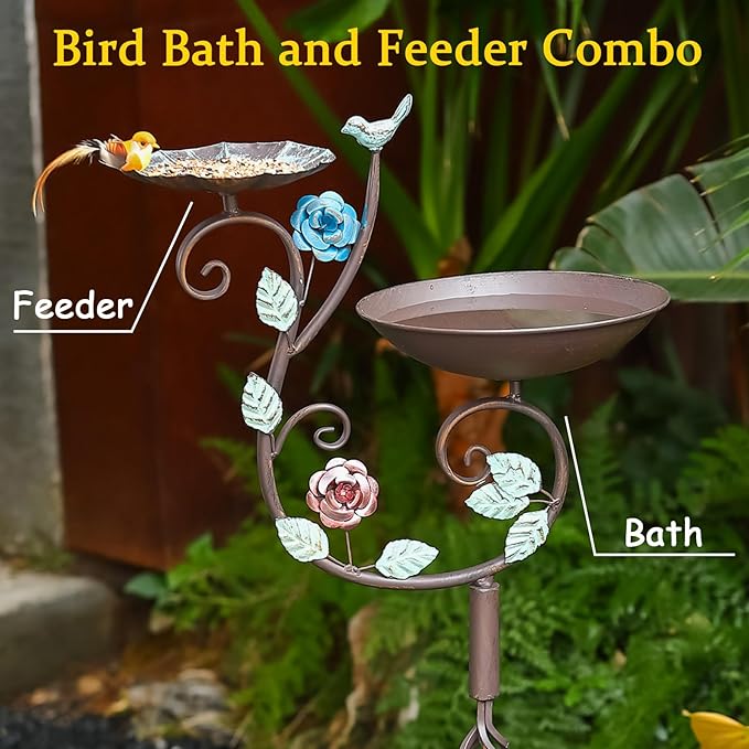 Metal Bird Bath and Feeder for Outdoors, Freestanding 39.4" H 2-in-1 Birdbaths with Cast Iron Pedestal, Retro Vine Shaped Standing Combo for Outside Garden Patio Porch