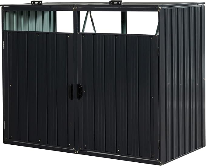 YOPTO Garbage Bin Storage Shed for 2 Trash Cans,Outdoor Trash Can Storage for Patio,Stainless Galvanized Steel Bin Shed,Rust-Proof & Scratch-Resistant Trash Can Hider,for Garden,Yard,Lawn,Black