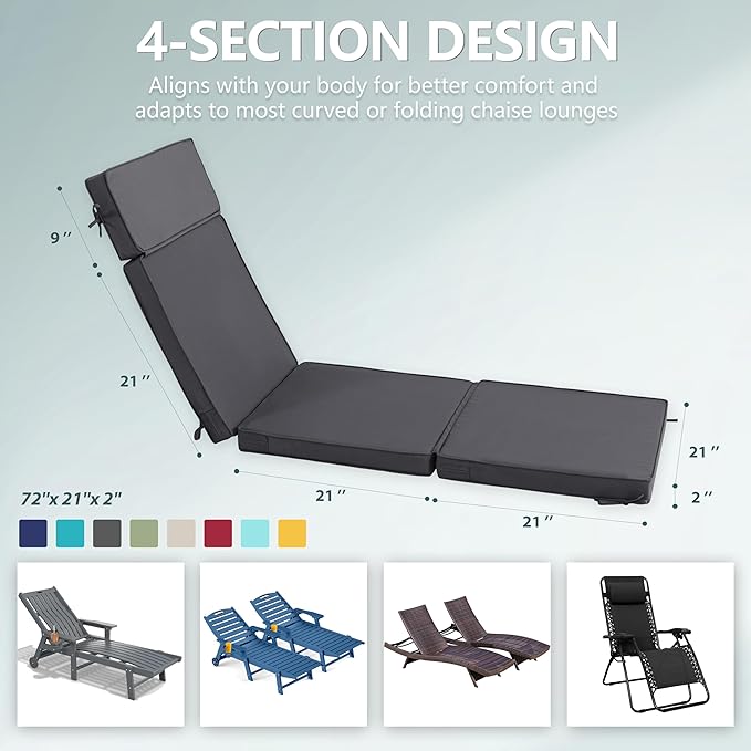 72 x 21 Inch Outdoor Chaise Lounge Cushions Set of 4 - Removable Cover, 4-Section Design, Water-Repellent & Fade-Resistant, 6 Tie Straps, Replacement for Patio & Pool Chairs - Dark Grey
