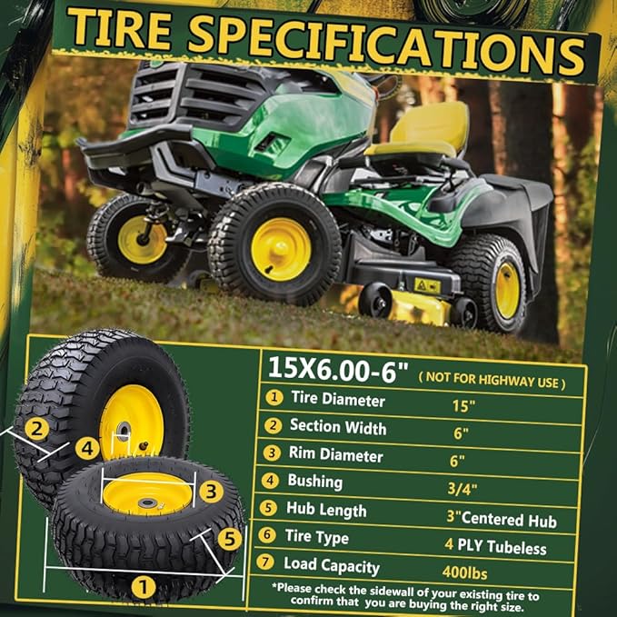 15x6.00-6 Tubeless Tire and Wheel Assembly(2 Pack) ，Replacement Riding Lawn Mower Front Tires,Compatible withRiding Mowers and Lawn Tractor, 3" Centered Hub and 3/4" Bushings（Yellow)