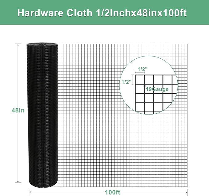 Galvanized Black Vinyl Coated Hardware Cloth | 1/2 Inch Mesh 19 Gauge 48"x100' | Rust & Corrosion Resistant, Easy Install for Chicken Fencing, Garden Fence, Tree Guard, Gopher Wire