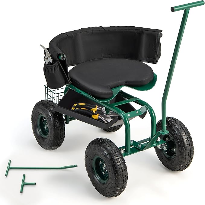 Rolling Garden Seat with Wheels, Garden Cart with 360° Swivel Seat for Planting, Garden Stool Scooter with Replaceable Handle & Removable Cushion, Height Adjustable Outdoor Gardening Workseat