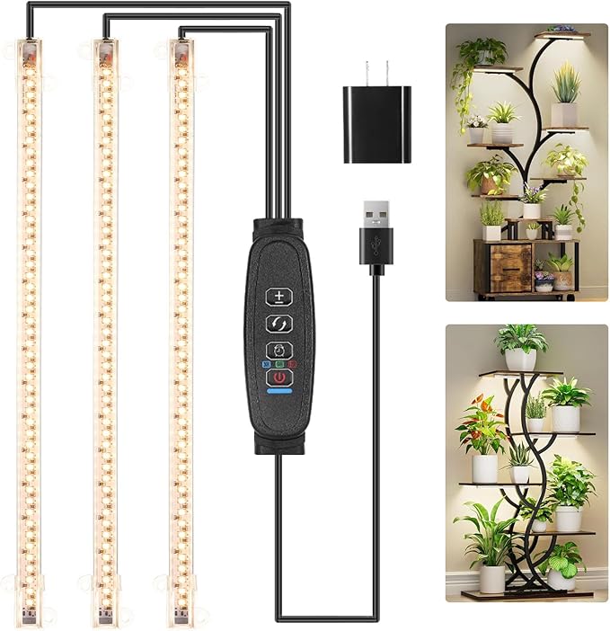 RWNTAO 13 Inches LED Grow Light Strips for Plant Shelf, 3500K Full Spectrum Plant Growing Lights for Indoor Plants, 144 LEDs Plant Lamp with 10 Dimmable Levels and 3/9/12H Timer, 3 Head