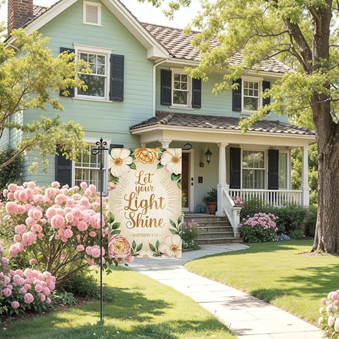 Let Your Light Shine Garden Flag Double Sided Yard Outdoor Decoration 12x18 Inch, Matthew 5:16 Bible Verse Floral Yard Outdoor Garden Flag, Religious Scripture Floral Home Decor Banner
