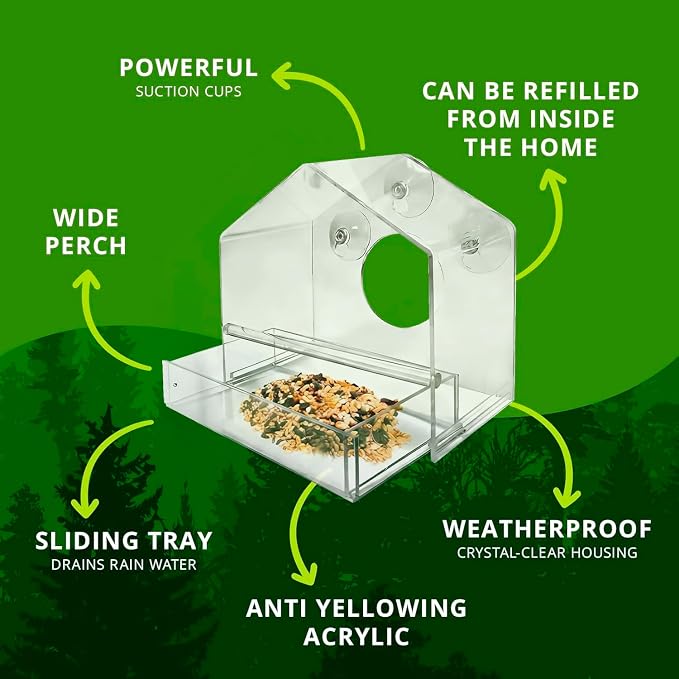Nature Gear Window Bird Feeder with Strong Suction Cups, Clear Acrylic Window Mounted Bird Feeder, Removable Sliding Tray, Weather-Resistant, Durable, Squirrel-Resistant, House Style