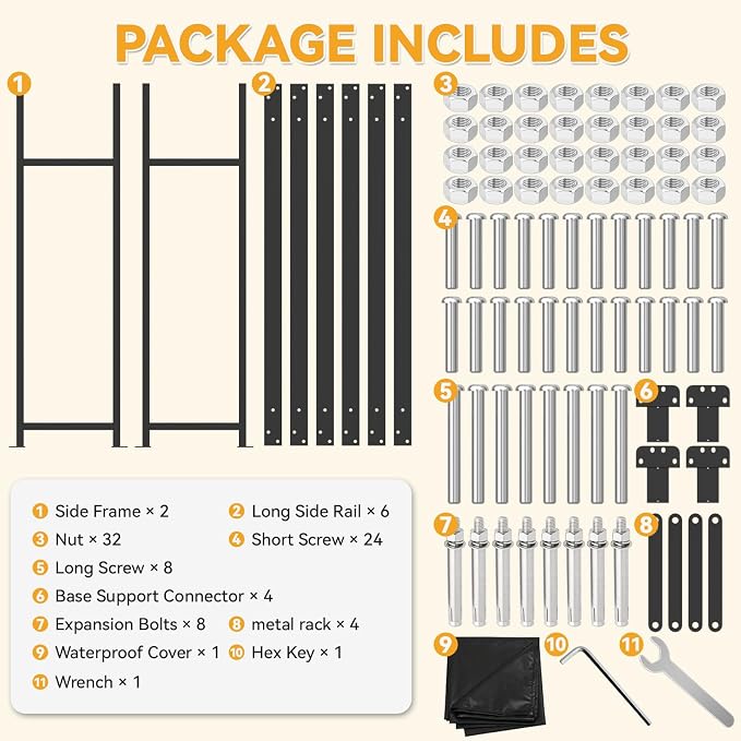 Heavy Duty 10ft Firewood Rack with Cover Outdoor, 5/8 Cord Capacity Log Holder Sturdy Steel Construction, All-Weather Black Powder Coat Wood Storage Organizer for Indoor&Outdoor Use, Black