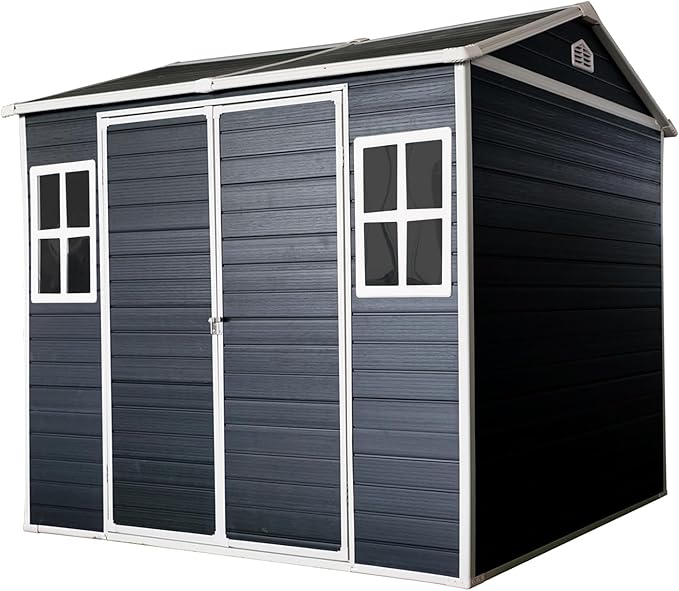 Ball & Cast 6x8 FT Outdoor Storage Shed,Multi-Wall Resin Panels Garden Tool House with 2 Window and Floor,Waterproof Cabinet W/Sloping Roof & Double Doors,Shelter for Patio,Lawn,Black