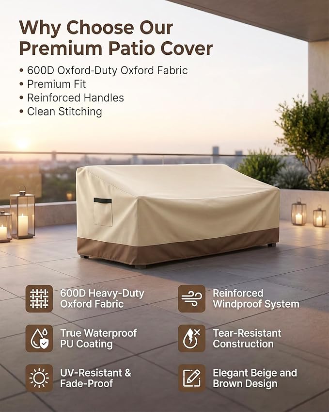 Outdoor Sofa Cover, Waterproof Patio Furniture Cover 58.3W x 32.7D x 31H inches Heavy Duty 600D Oxford Fabric Beige and Brown
