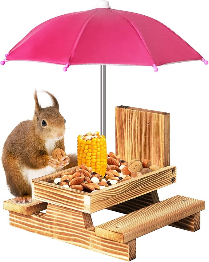 Gnodary Squirrel Feeder with Umbrella, Squirrel Feeders for Outside, Squirrel Picnic Table Feeder - Chipmunk Feeder Hold Corn, Corn Cob, Peanuts Style2 (Dark Pink)