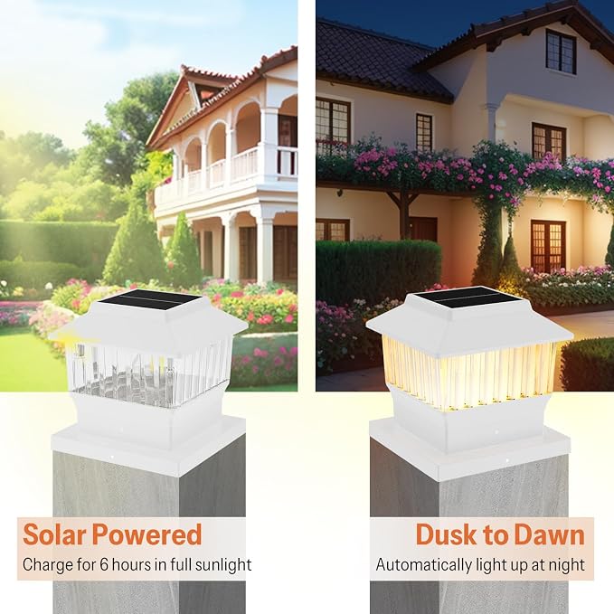 6 Pack Solar Post Cap Lights - Modern #1: Fits True 4x4 Vinyl, 4x4 & 6x6 Wood Posts, Bulk Savings, 3 Color Temp, 50 Lumen Waterproof Outdoor Lights for Deck Fence, Elegant White