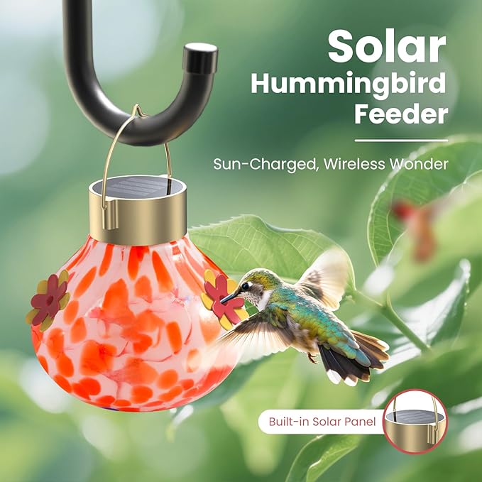 Hummingbird Feeder with Solar Light, Outdoor Glass Hummingbird Feeder, Auto-Lighting Solar Lamp for Garden Decor, 3 Feeding Ports Attract More Birds, Waterproof Design, Ideal Gift (Red)