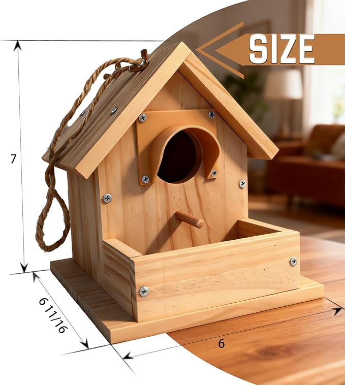 Hanging Bird House for Outside Clearance, Cedar Wooden Bird House to Paint for Finch Bluebird Cardinals, Bird Nest Feeder W/Rain Awning Kit for Outdoor Backyard Courtyard Patio Decor (DIY Detachable)