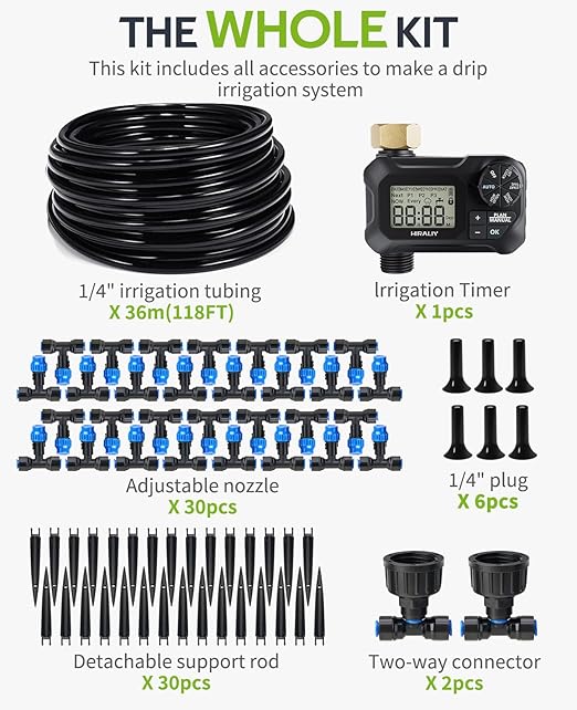 HIRALIY 118FT Greenhouse Misting Drip Irrigation Kit with Water Timer, Quick Connector Design Garden Watering System, Automatic Irrigation System with Tubing, Nozzles for Hanging Plants, Raised Bed