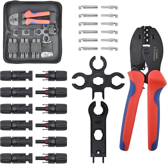 Heavy Duty Solar Cable Crimping Tool Kit, 6 Pairs Solar Panel Connectors, 1Pcs Solar Cable Crimper,1Pcs straight and Cross Spanner Wrenches, Solar Wire Crimping Tool for PV Cable Installation, Black