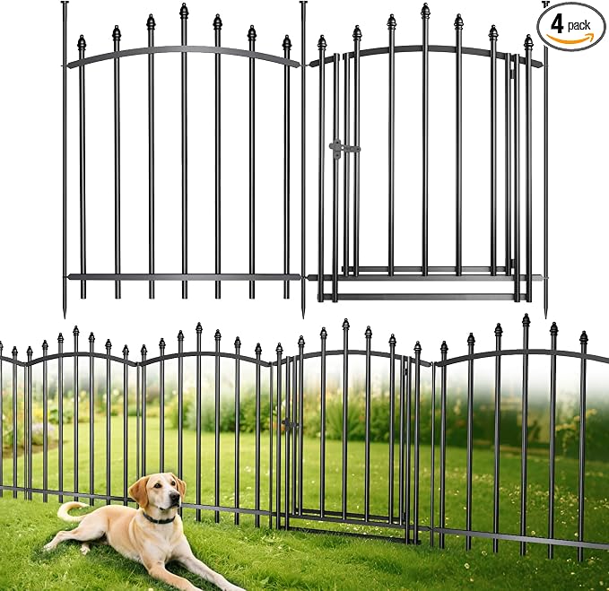 5 Panels，No Dig Edging Decorative Garden Fence，32 in （H） x 24 in（L），Metal Rustproof Panel，Outdoor Dog Fence，Animal Isolation Fence Suitable for Gardens，Roman Column Black with Gate