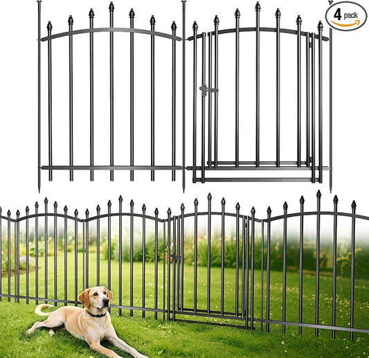 5 Panels，No Dig Edging Decorative Garden Fence，32 in （H） x 24 in（L），Metal Rustproof Panel，Outdoor Dog Fence，Animal Isolation Fence Suitable for Gardens，Roman Column Black with Gate